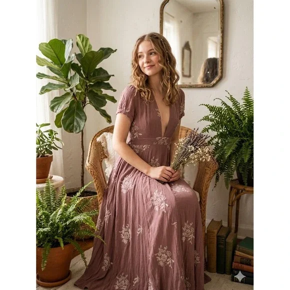Sadie & Sage Womens Maxi Dress Small Mauve Cottagecore Floral Embroidered V-Neck - Picture 1 of 10